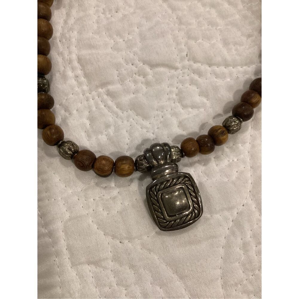 Vintage Wood Bead Square Pendant Choker Necklace